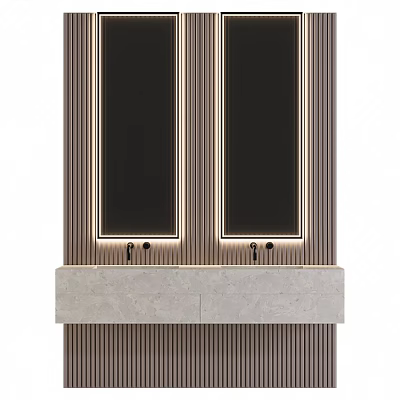 Modern Bathroom Vanity Combination With Double Mirrors Golden Frames And Marble Countertop 3d model