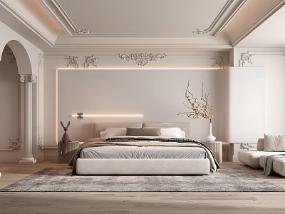 Modern Bedroom Interior Design With Large Bed Soft Carpet And Decorative Wall Molding 3d model