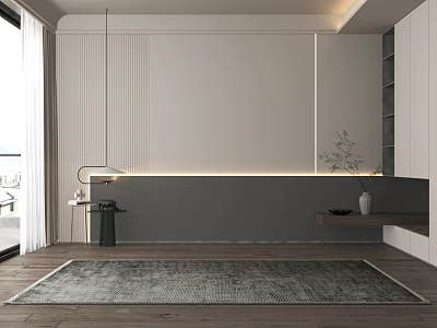 Modern Bedroom Accent Wall With White Gray Panel Lighting Wooden Shelf And Green Plant 3d model