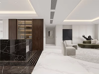 Elegant Modern Living And Dining Room Interior With Marble Floor And Comfortable Sofa Chairs 3d model