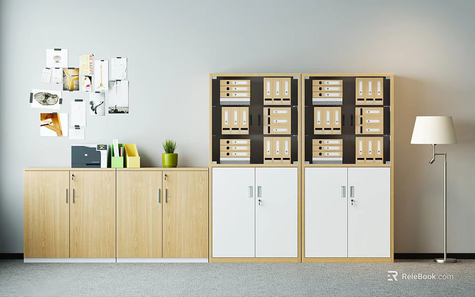 White and Wooden File Cabinets with Multiple Drawers Holding Folders in Organized Office Space 3d model 