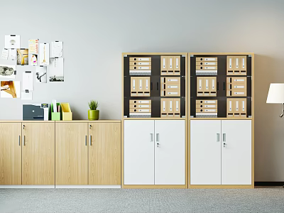 White and Wooden File Cabinets with Multiple Drawers Holding Folders in Organized Office Space 3d model