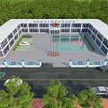 Modern Industrial Factory Building With Blue Windows Green Vegetation Parking Lot And Basketball Court