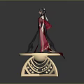 Long Haired Female Character in Red Black Traditional Costume Standing on Carved Wooden Table