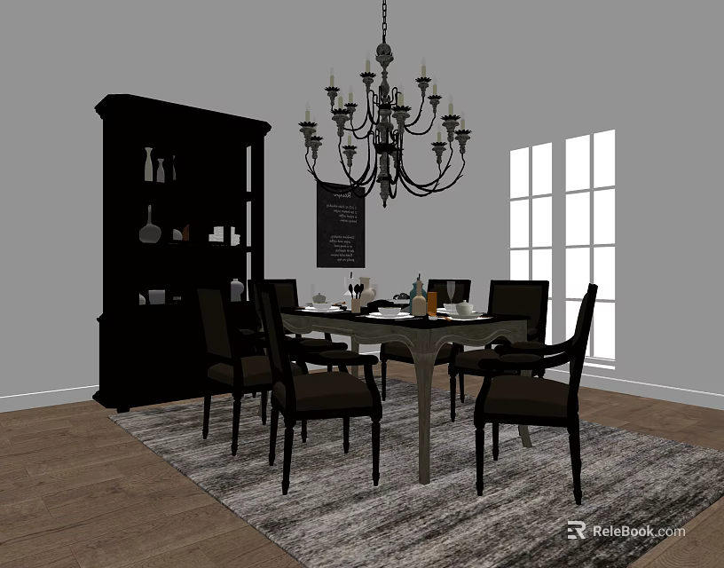 Elegant Dining Table Set With Chairs Chandelier Bookcase And Window In Modern Interior 3d model