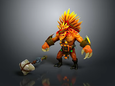 Mythical Game Character With Flame Spiked Hair Orange Red Skin Clawed Hands And Stone Hammer 3d model