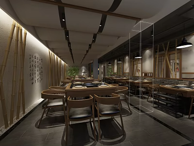 Modern Hot Pot Restaurant Interior With Bamboo Decor And Dining Tables Layout 3d model