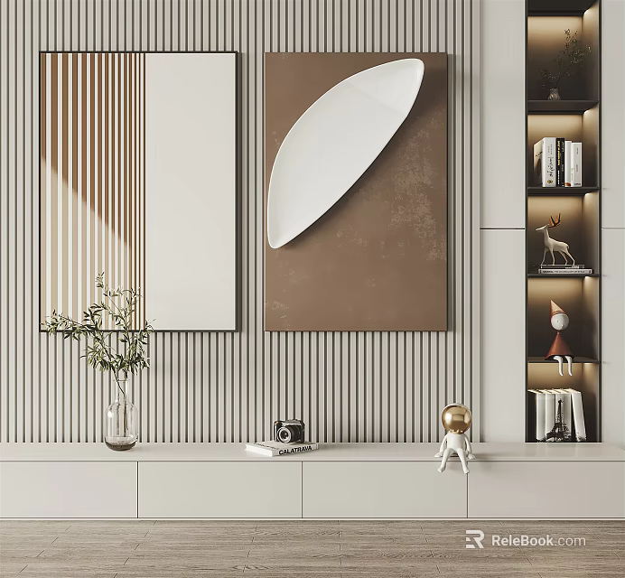 Stylish Interior Decor With Striped Wall Artwork Bookshelf And Decorative Items 3d model 