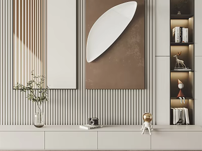 Stylish Interior Decor With Striped Wall Artwork Bookshelf And Decorative Items 3d model