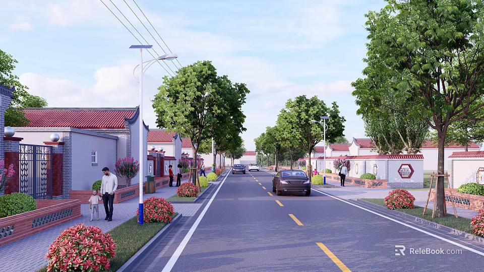 Well Designed Road Facilities With Street Lights Trees Flower Beds And Cars 3d model 