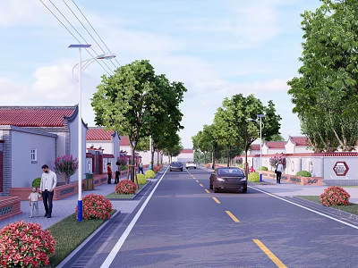 Well Designed Road Facilities With Street Lights Trees Flower Beds And Cars 3d model