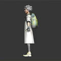 Stylish 3D Character With Gray Hair Long Coat Backpack Black Green Clothing Gloves And Sneakers