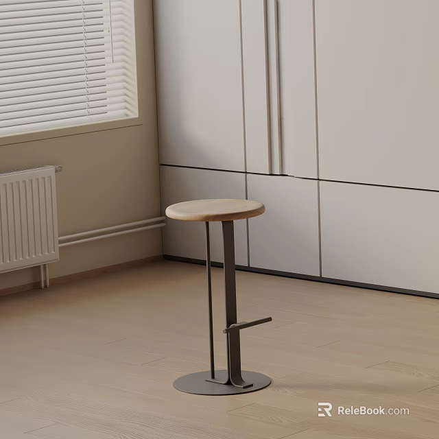 Modern Kitchen Bar Stool with Wooden Seat and Metal Frame Near White Cabinets 3d model 