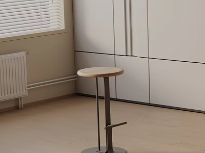 Modern Kitchen Bar Stool with Wooden Seat and Metal Frame Near White Cabinets 3d model