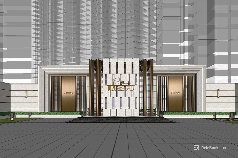 Modern Entrance Gate Design With Tall Glass Buildings And Decorative Metal Structure 3d model 