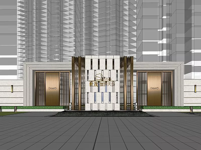 Modern Entrance Gate Design With Tall Glass Buildings And Decorative Metal Structure 3d model