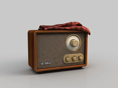 Vintage Wooden Radio Classic Entertainment Appliance with Red Cloth Control Knobs and Mesh Front 3d model
