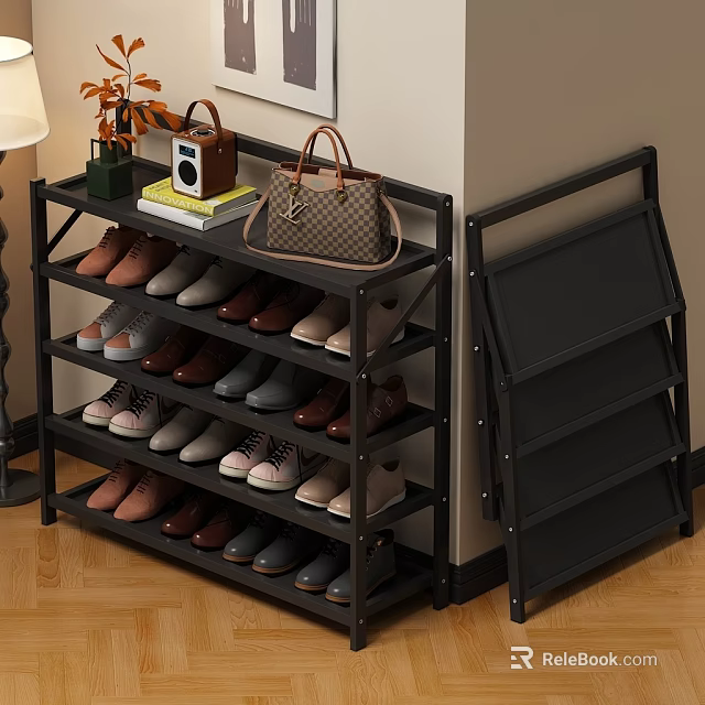 Black Multi Layer Shoe Rack With Folding Design For Home Shoe Storage 3d model