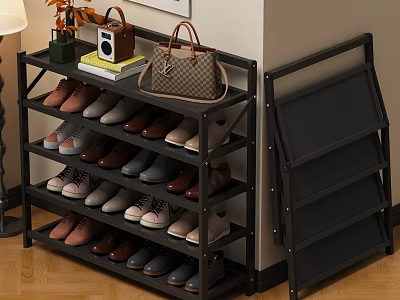 Black Multi Layer Shoe Rack With Folding Design For Home Shoe Storage 3d model