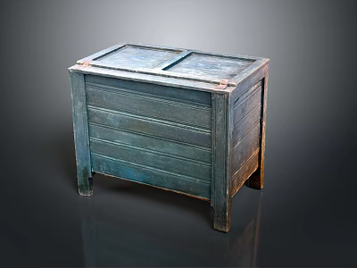 Vintage Blue Wooden Chest With Striped Panels Lid And Wooden Legs 3d model