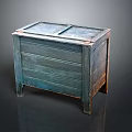 Vintage Blue Wooden Chest With Striped Panels Lid And Wooden Legs