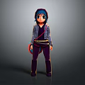 Game Movie Character With Blue Hair Glasses Gray Jacket Purple Pants Golden Belt Standing Pose