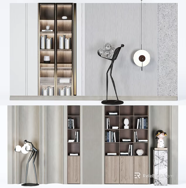 Elegant Modern Bookshelf Interior Design With Books Decorative Items And Stylish Lamps 3d model 
