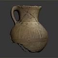 Ancient Clay Jug Pottery Sculpture With Handle Cracked Surface And Geometric Patterns