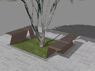 Modern Outdoor Chairs Arranged Around Tree With Grass And Stone Pavement 3d model