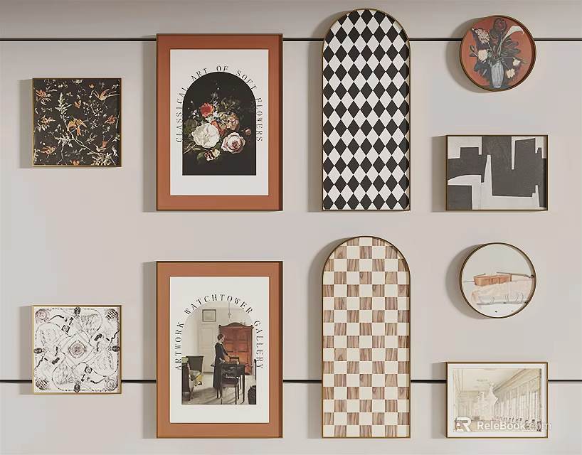 Gallery Wall With Various Framed Artworks And Decorative Patterns 3d model