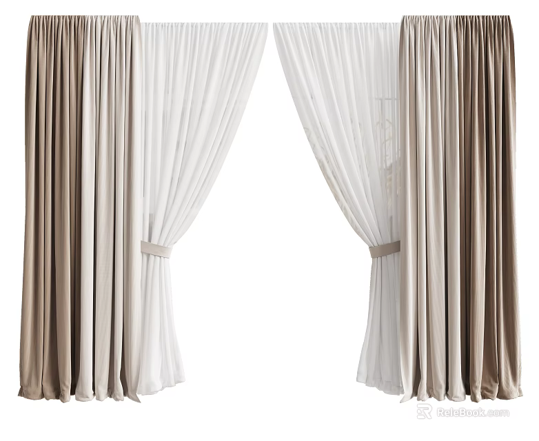 Elegant Double Layer Curtains With Tied Design Brown Outer And White Sheer Inner 3d model