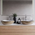 White Square Wash Basin With Black Rim Modern Faucet And Green Plant On White Countertop