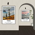 Landscape Paintings With Trees Mountains and Sky Hanging on Interior Wall