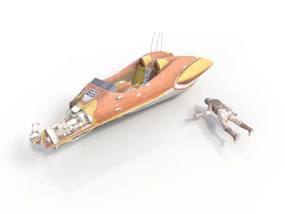 Orange Yellow Spaceship Sideways with Floating Astronaut in Cosmic Space Exploration 3d model