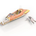 Orange Yellow Spaceship Sideways with Floating Astronaut in Cosmic Space Exploration