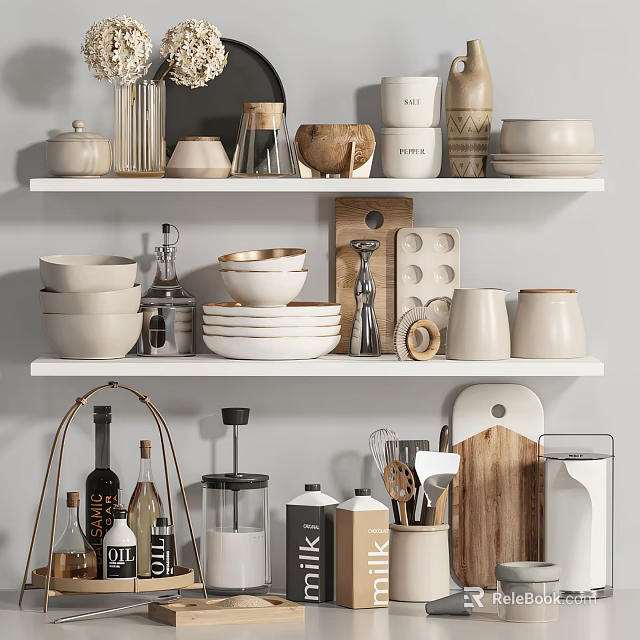 Well Organized Kitchenware Display On White Shelves 3d model 
