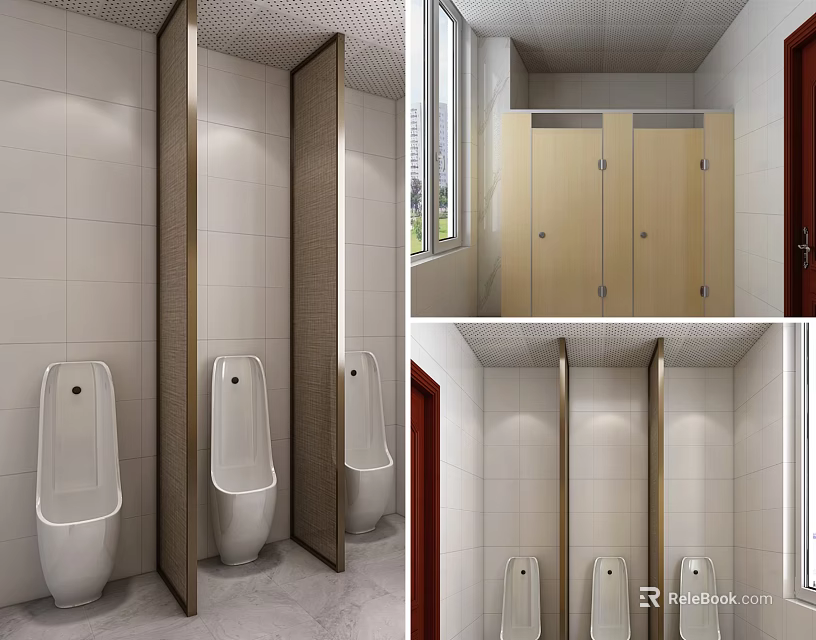 Modern Public Restroom Interior Design With Urinals Stalls And Tiled Walls 3d model 