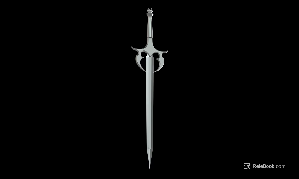 Silver Sword with Unique Hilt Design in Classical Fantasy Style on Black Background 3d model 