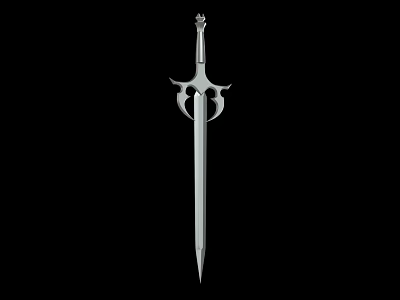 Silver Sword with Unique Hilt Design in Classical Fantasy Style on Black Background 3d model