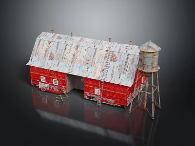 Cartoon Scene of Red Barn With Rusty Metal Roof Water Tower and Ladder 3d model