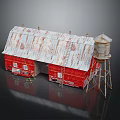 Cartoon Scene of Red Barn With Rusty Metal Roof Water Tower and Ladder