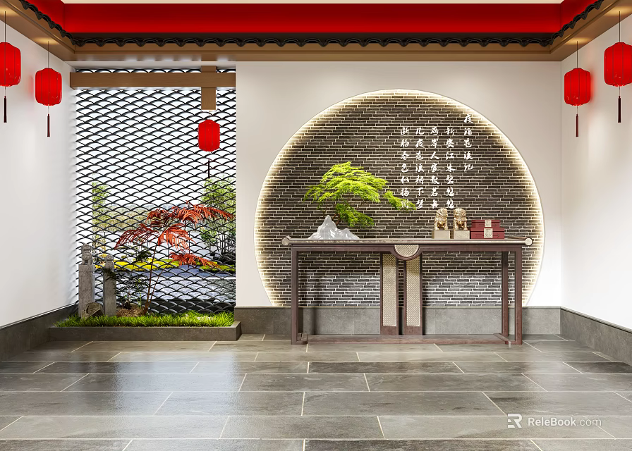 Traditional Chinese Elevator Hallway with Red Lanterns Lattice Partition and Circular Calligraphy Wall 3d model 