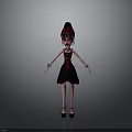 Cartoon Woman In Black Red Dress With High Bun Earrings And High Heels Gray Background