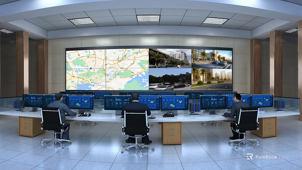 Professional Monitoring Room With Multiple Screens Operators Control Console And Surveillance Map 3d model 