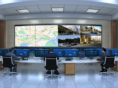 Professional Monitoring Room With Multiple Screens Operators Control Console And Surveillance Map 3d model