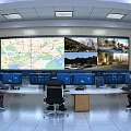 Professional Monitoring Room With Multiple Screens Operators Control Console And Surveillance Map