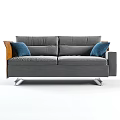 Gray Double Sofa With Pleated Cushions Wooden Armrests Metal Legs And Blue Pillows