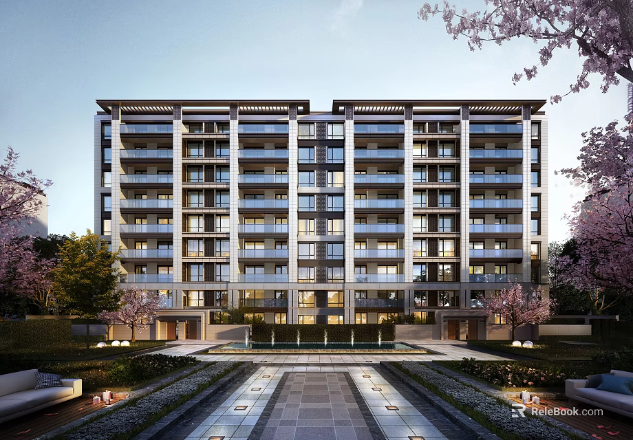 Modern Multi Story Residential Building With Landscaped Courtyard Cherry Blossom Trees And Garden Lighting 3d model 