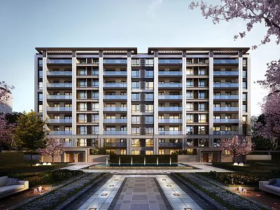 Modern Multi Story Residential Building With Landscaped Courtyard Cherry Blossom Trees And Garden Lighting 3d model