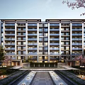 Modern Multi Story Residential Building With Landscaped Courtyard Cherry Blossom Trees And Garden Lighting